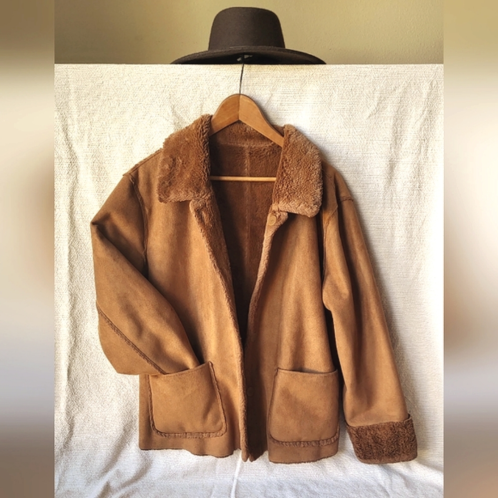 Brandon Thomas Vintage reversible brown teddy coat faux fur bomber jacket XL